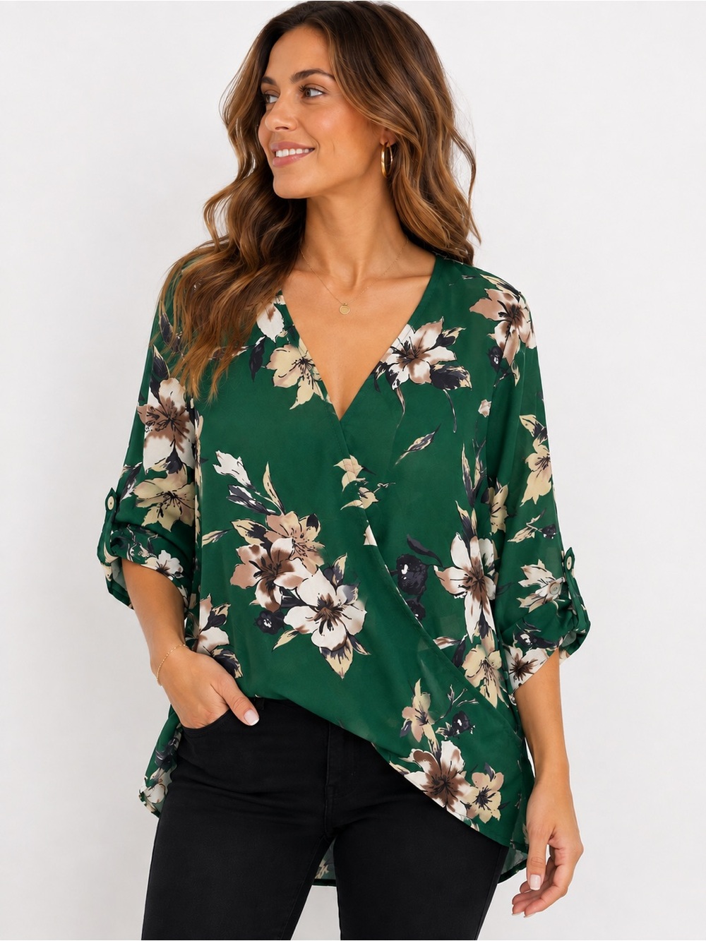 West Kei Green Floral Surplice High Low Blouse Roll Tab Sleeve Small